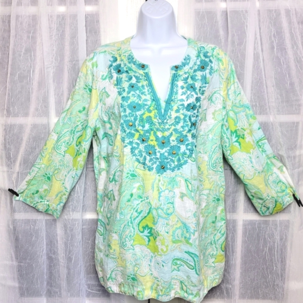 Charter Club Lux 100% Linen Embroidered Beaded Tunic Sz XL Paisley Boho Beachy